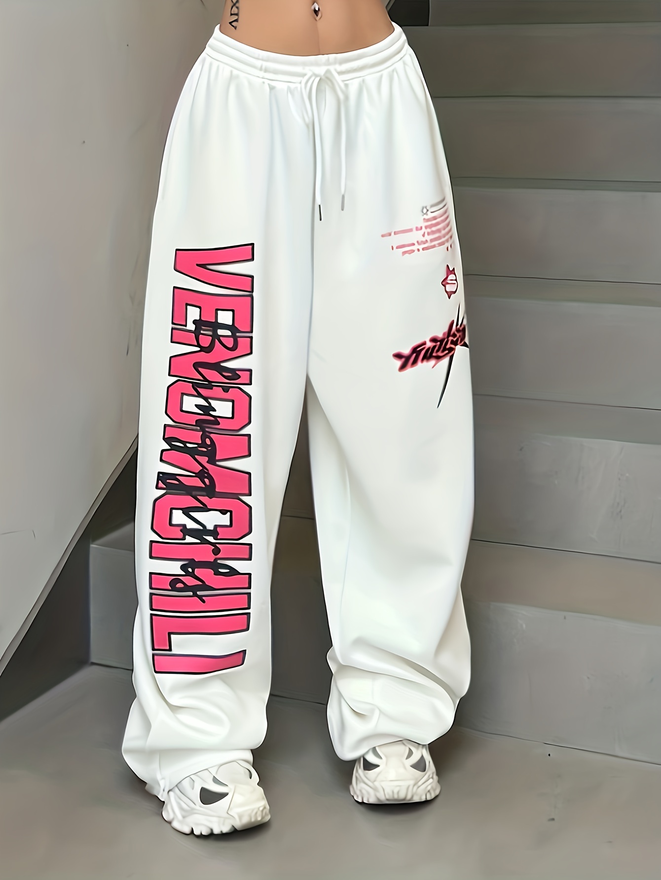 letter print drawstring waist loose pants, letter print drawstring waist loose pants casual hip hop streetwear pants womens clothing details 6