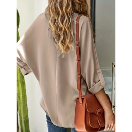 Tucked Rollable Sleeve Blouse, Casual V Neck Simple Blouse, Women's Clothing