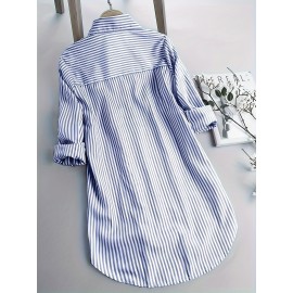 Stripe Print Polo Collar Button Shirt, Casual Long Sleeve Shirt For Spring & Fall, Women's Clothing