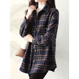 Plaid Print Button Front Shirt, Elegant Long Sleeve Lapel Shirt, Women's Clothing