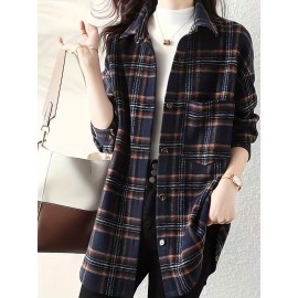 Plaid Print Button Front Shirt, Elegant Long Sleeve Lapel Shirt, Women's Clothing