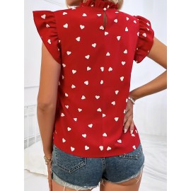 Heart Print Ruffle Trim Blouse, Casual Pleated Crew Neck Blouse For Spring & Summer, Women's Clothing