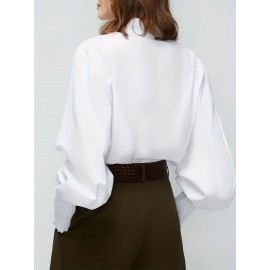 Lantern Sleeve Shirred Blouse, Casual Button Front Solid Blouse, Women's Clothing