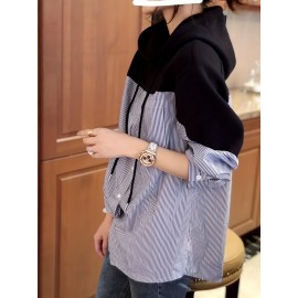 Patchwork Striped Print Button Hoodie, Casual Cuff Sleeve Drawstring Hoodies Sweatshirt, Women's Clothing