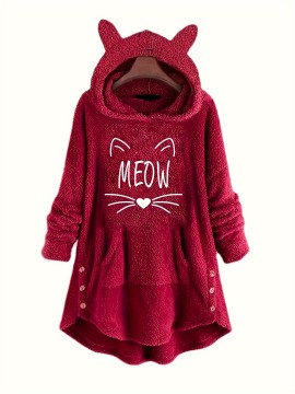 Cat Face & Letter Print Ear Decor Hoodie, Cute Kangaroo Pocket Asymmetrical Hoodies Sweatshirt, Women's Clothing