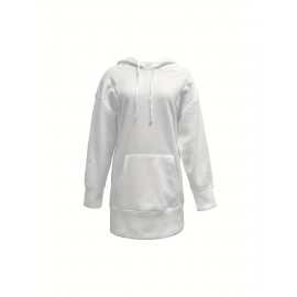 Solid Color Kangaroo Pocket Hoodie, Casual Long Sleeve Thigh Length Drawstring Hoodie Sweatshirt, Women's Clothing