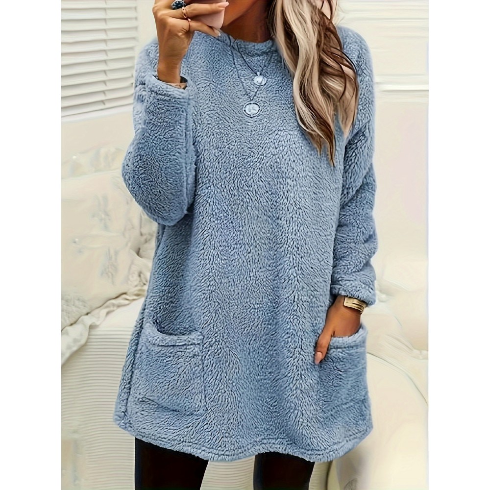 Solid Fuzzy Sweatshirts, Casual Crew Neck Long Sleeve Sweatshirt With Pockets, Women's Clothing