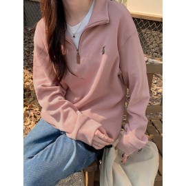 Solid Zip Front Pullover Sweatshirt, Casual Long Sleeve Sweatshirt For Fall & Winter, Women's Clothing