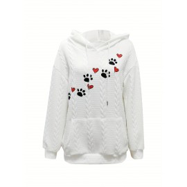 Paw & Heart Print Kangaroo Pocket Hoodie, Casual Long Sleeve Drawstring Hoodie Sweatshirt, Women's Clothing