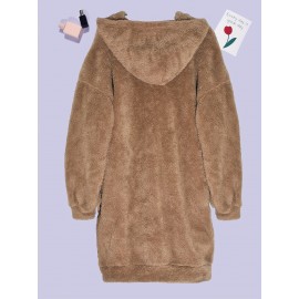 Letter Patched Teddy Hooded Dress, Casual Long Sleeve Mini Dress, Women's Clothing