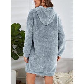 Hooded Teddy Dress, Casual Long Sleeve Simple Warm Dress, Women's Clothing