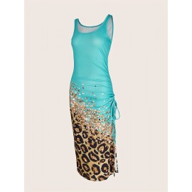 Leopard Print Drawstring Dress, Sexy Crew Neck Sleeveless Maxi Dress, Women's Clothing