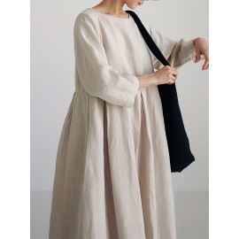 Solid Pleated Hem Maxi Dress, 3/4 Sleeve Loose Crew Neck Dress, Casual Dresses For Spring & Fall, Women's Clothing