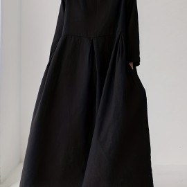 Solid Pleated Hem Maxi Dress, 3/4 Sleeve Loose Crew Neck Dress, Casual Dresses For Spring & Fall, Women's Clothing
