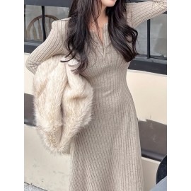Ribbed V Neck Dress, Casual Long Sleeve Dress For Fall & Winter, Women's Clothing