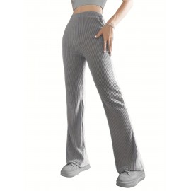 Solid Ribbed Knit Wide-Leg Pants, Causal High Waist Pants For Spring & Fall, Women's Clothing