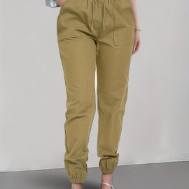 Solid Drawstring Patched Pockets Pants, Casual Sporty Pants For Spring & Summer, Women's Clothing
