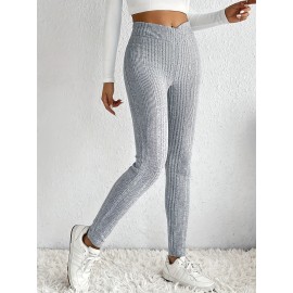 Solid Rib Knit Skinny Pants, Casual Crisscross Waist Daily Pants, Women's Clothing