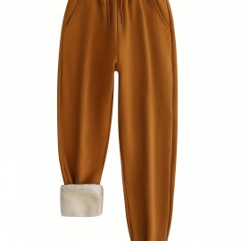 Winter Plush Thermal Pants, Casual Drawstring Pocket Pants, Women's Clothing