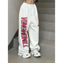 Letter Print Drawstring Waist Loose Pants, Casual Hip-hop Streetwear Pants, Women's Clothing