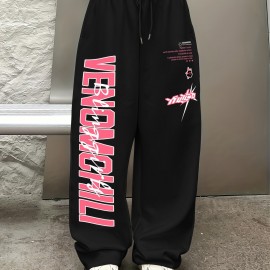 Letter Print Drawstring Waist Loose Pants, Casual Hip-hop Streetwear Pants, Women's Clothing
